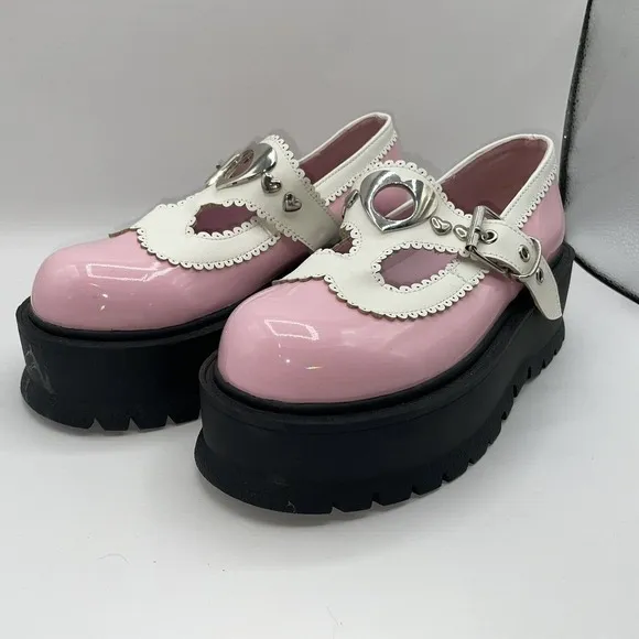 Demonia Womens Sz 7 Slacker-23 Platform‎ Maryjane Shoes Chunky Heart Buckle Pink