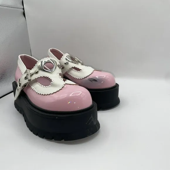 Demonia Womens Sz 7 Slacker-23 Platform‎ Maryjane Shoes Chunky Heart Buckle Pink