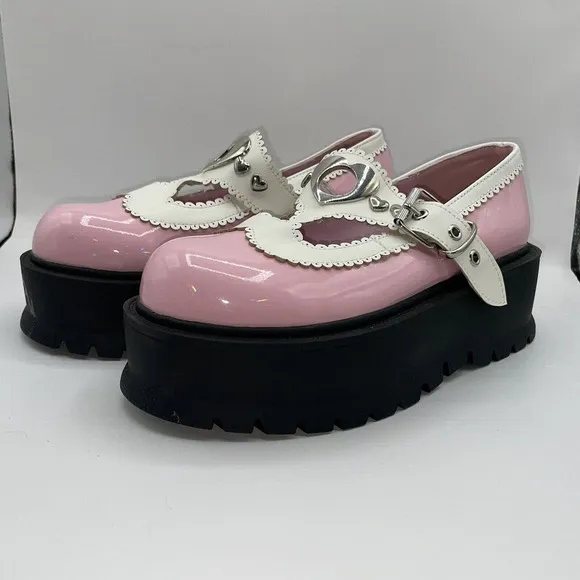 Demonia Womens Sz 7 Slacker-23 Platform‎ Maryjane Shoes Chunky Heart Buckle Pink