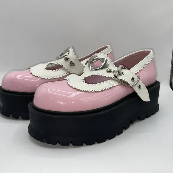 Demonia Womens Sz 7 Slacker-23 Platform‎ Maryjane Shoes Chunky Heart Buckle Pink