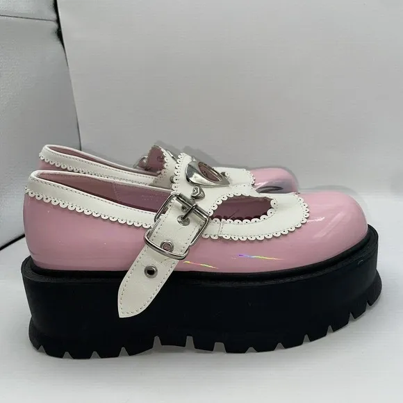 Demonia Womens Sz 7 Slacker-23 Platform‎ Maryjane Shoes Chunky Heart Buckle Pink