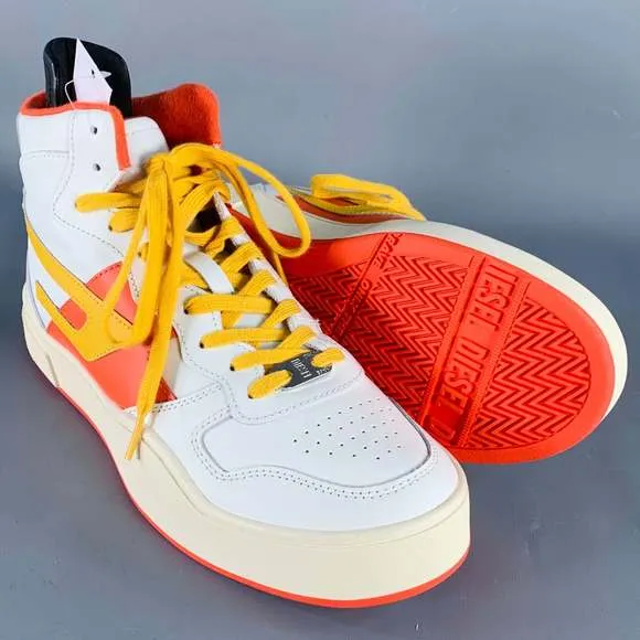 DIESEL S Ukiyo Mid White Orange Yellow Color Block Leather High Top Sneakers