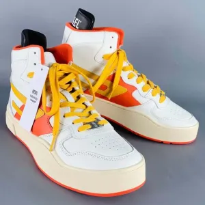 DIESEL S Ukiyo Mid White Orange Yellow Color Block Leather High Top Sneakers