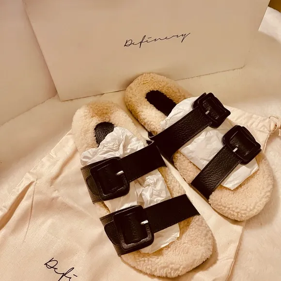 💐DIFINERY SHEEPS FUR  SLIDES CALF LEATHER voted Vogue top 10 best summer Fall