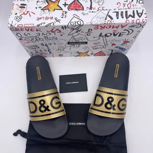 Dolce &amp; Gabbana Portofino Drip Slide Sandals Black &amp; Gold