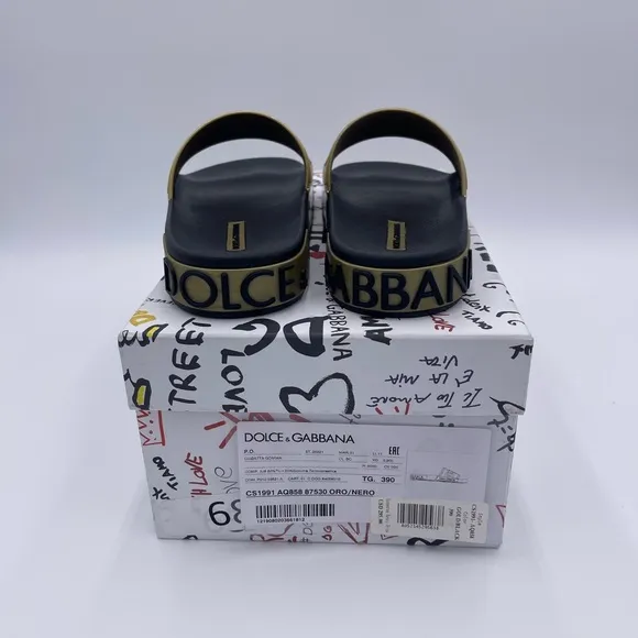 Dolce &amp; Gabbana Portofino Drip Slide Sandals Black &amp; Gold