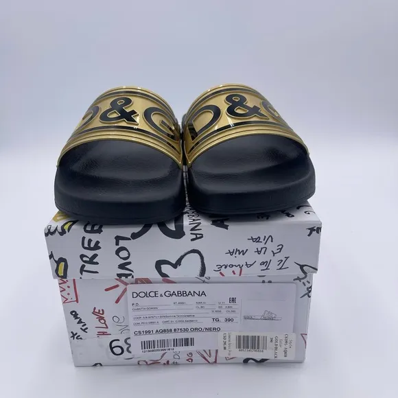Dolce &amp; Gabbana Portofino Drip Slide Sandals Black &amp; Gold