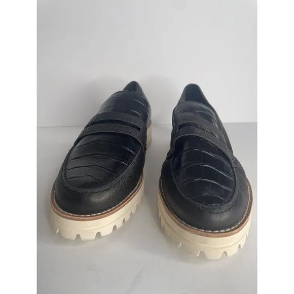 Dolce Vita Aubree Leather Embossed Slip On Lug Sole Black Loafers Size 9 NEW