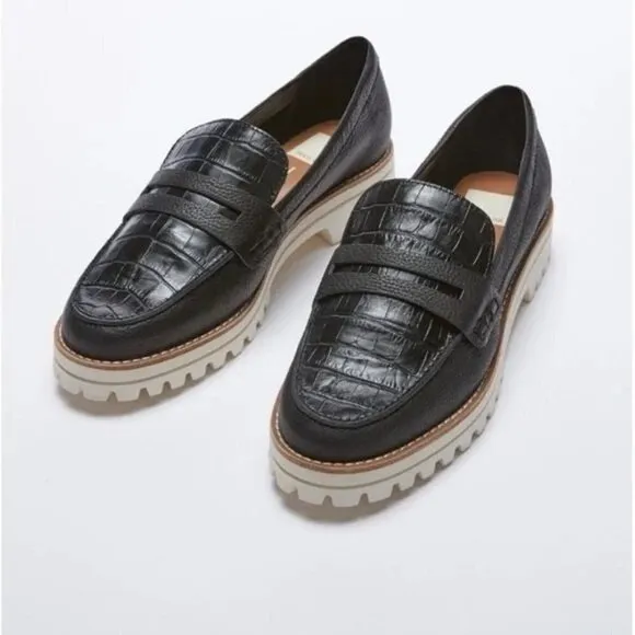 Dolce Vita Aubree Leather Embossed Slip On Lug Sole Black Loafers Size 9 NEW