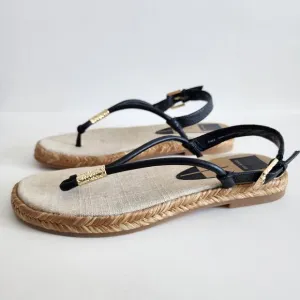 Dolce Vita Meryl Sandals Black &amp; Tan w Gold Tone Hardware Raffia Detail Size 8.5