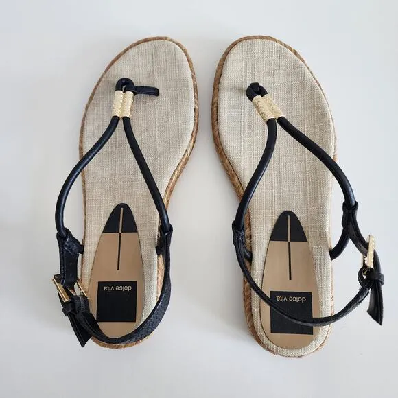 Dolce Vita Meryl Sandals Black &amp; Tan w Gold Tone Hardware Raffia Detail Size 8.5