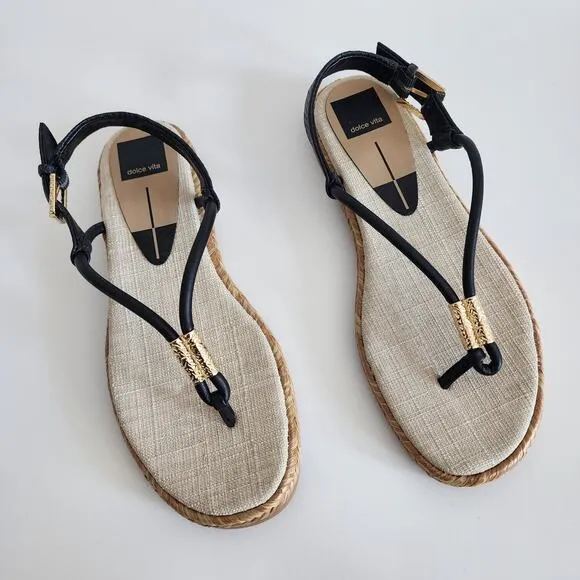 Dolce Vita Meryl Sandals Black &amp; Tan w Gold Tone Hardware Raffia Detail Size 8.5
