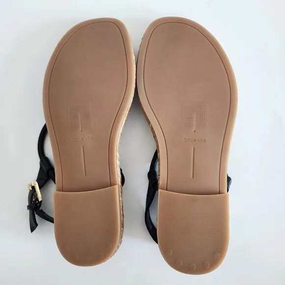 Dolce Vita Meryl Sandals Black &amp; Tan w Gold Tone Hardware Raffia Detail Size 8.5