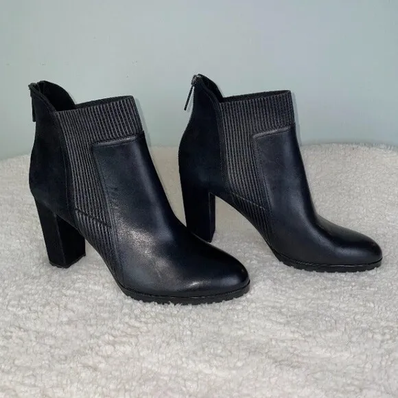 Donald J Pliner Black Leather and Suede Heeled Ankle Boots Booties Size 11 EUC