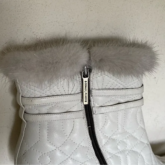 Donald J. Pliner Couture White Leather and Mink Fur Kitten Heel Ankle Bootie
