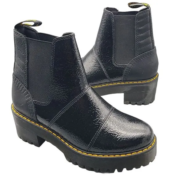 Dr. Martens Boots Womens Black Rozalie Patent Heeled Chelsea Lug Sz 6 37 New
