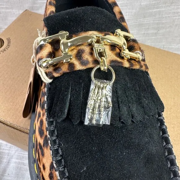 Dr Martens NWB Adrian Hair-On Leopard Print Snaffle Loafers Skull Charm Men's 9