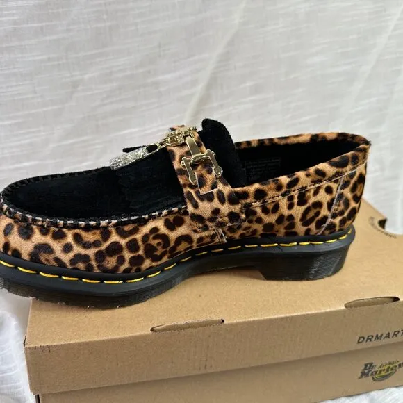 Dr Martens NWB Adrian Hair-On Leopard Print Snaffle Loafers Skull Charm Men's 9