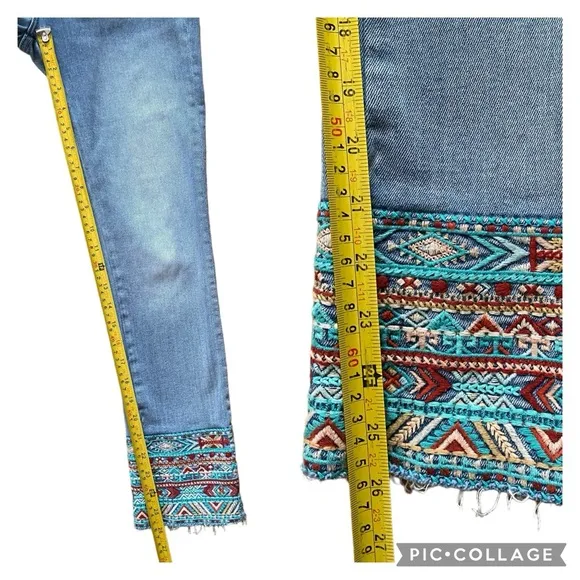 Driftwood Colette Embroidered Southwest Raw Hem Mid-Rise Slim Straight Jeans 25