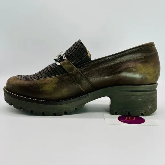 Dromedaris Women's Kella Olive Leather Chunky Loafers Size 42 EU/ 11.5-12
