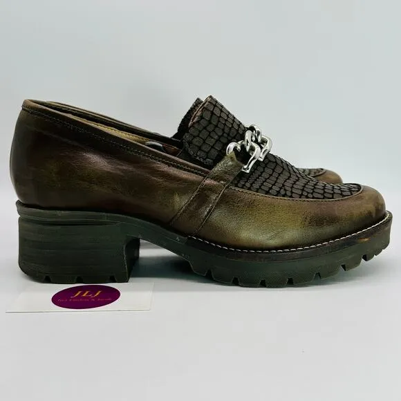 Dromedaris Women's Kella Olive Leather Chunky Loafers Size 42 EU/ 11.5-12