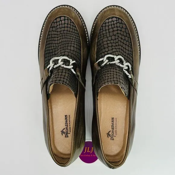 Dromedaris Women's Kella Olive Leather Chunky Loafers Size 42 EU/ 11.5-12