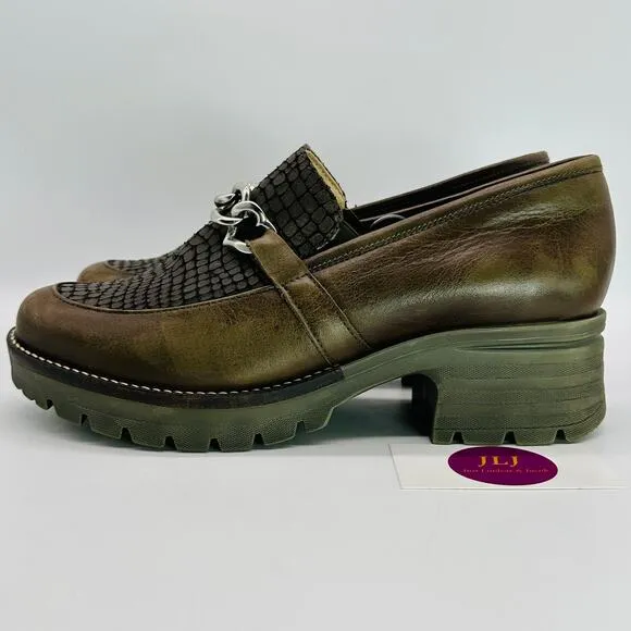 Dromedaris Women's Kella Olive Leather Chunky Loafers Size 42 EU/ 11.5-12