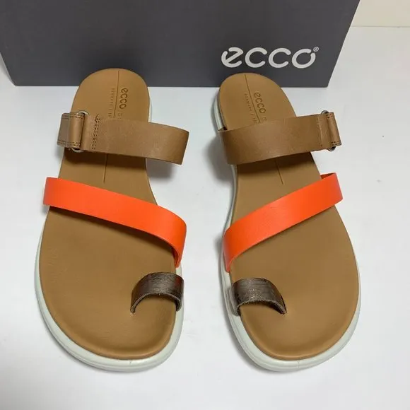 Ecco Simpil Sandals Leather Slides Colorblock Tan Orange Size 41 US 10 NEW
