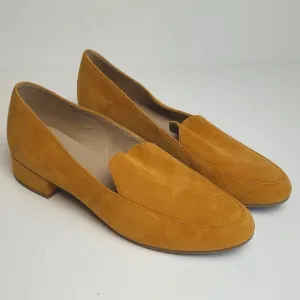EILEEN FISHER ELAN SUEDE LOAFERS GOLDENROD BLOCK HEELS ALMOND TOE WOMENS 10