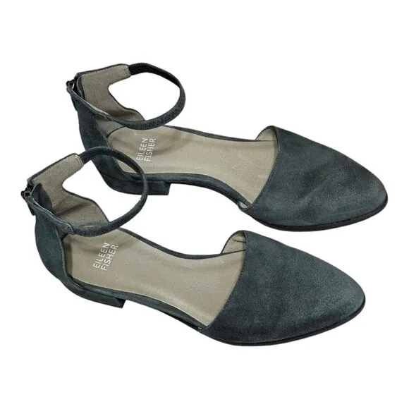 Eileen Fisher Hutton Suede Ankle Strap Flats Womens Sz 7.5 Blue Gray Sandals