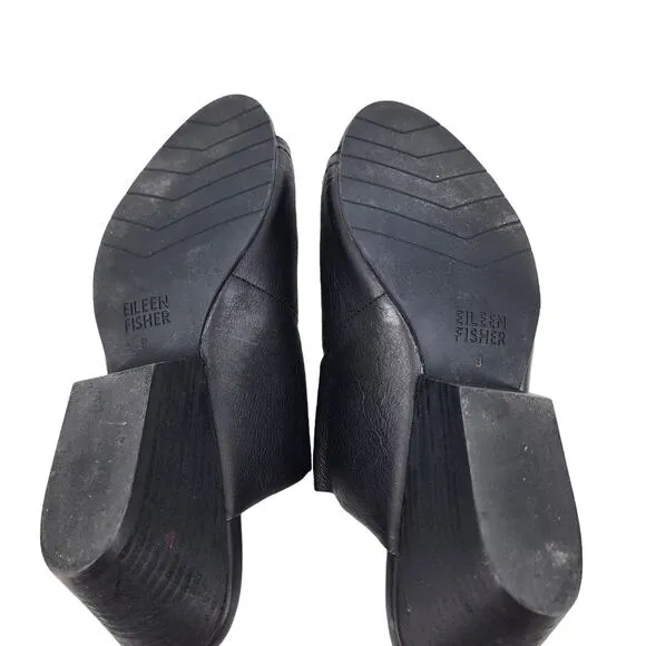 Eileen Fisher JuJu Leather Slip‎ On Peep Toe Slides Mules Heels Sandals Size 9