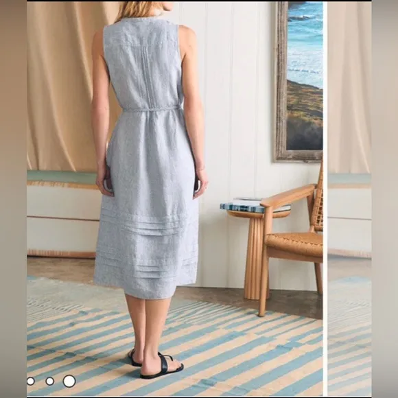 Faherty Dress Isha Blue White Striped Sleeveless Linen Midi Women’s Size M NWOT