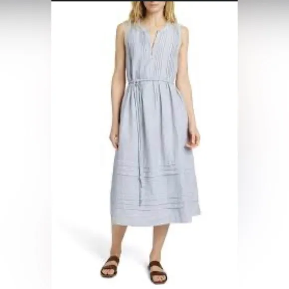 Faherty Dress Isha Blue White Striped Sleeveless Linen Midi Women’s Size M NWOT