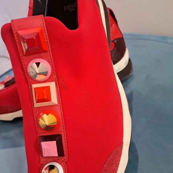 FENDI Red Neoprene Rainbow Studded Sneaker