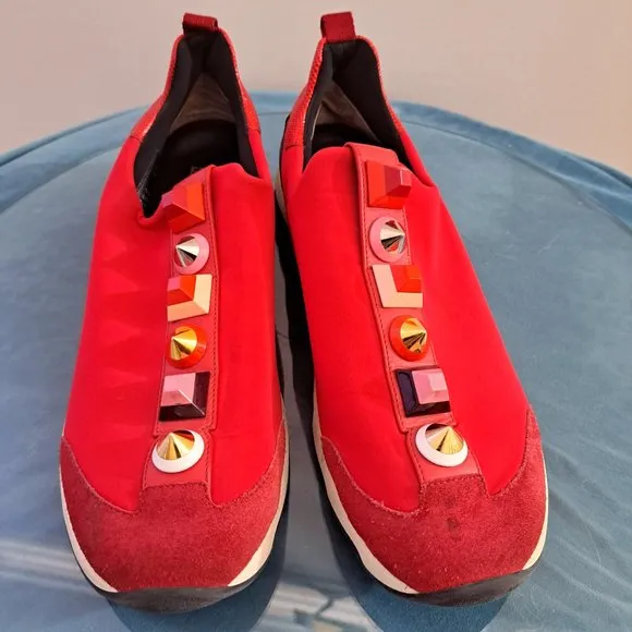 FENDI Red Neoprene Rainbow Studded Sneaker