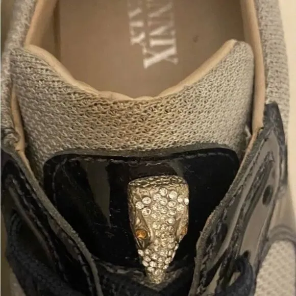 Fennix Italy Leather Navy Gray Sneakers Size 9.5 Swarovski crystals 495.00