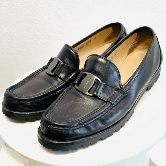 Ferragamo Black Leather Lug Sole Shies Loafers