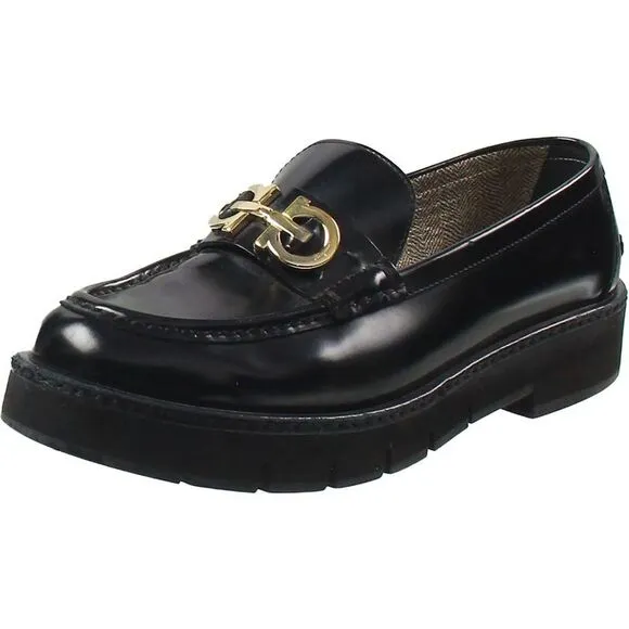 Ferragamo Womens Maryan Black Leather Lugged Sole Slip-On Loafers Shoes Used
