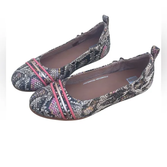 FitFlop Allegro Leather Ballet Flats Coral Black Faux Snake Design Size 8.5