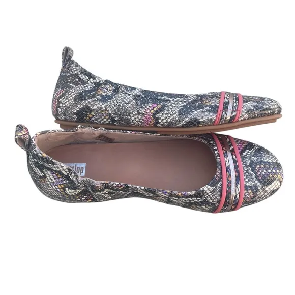 FitFlop Allegro Leather Ballet Flats Coral Black Faux Snake Design Size 8.5