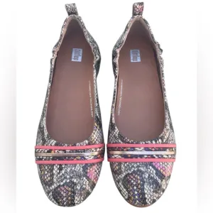 FitFlop Allegro Leather Ballet Flats Coral Black Faux Snake Design Size 8.5