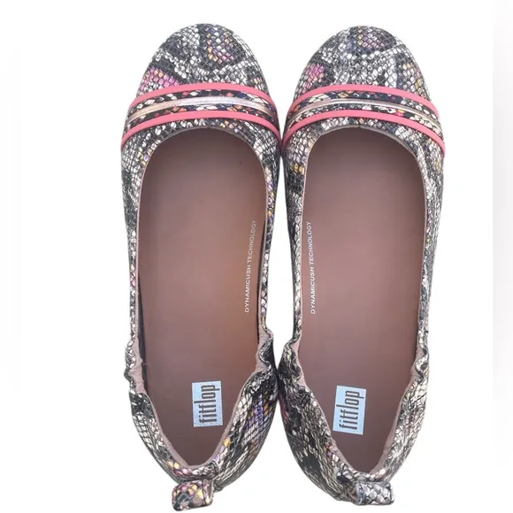 FitFlop Allegro Leather Ballet Flats Coral Black Faux Snake Design Size 8.5