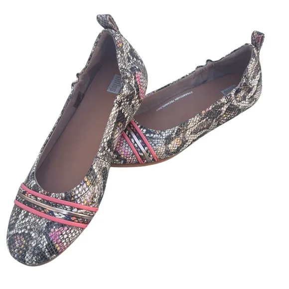 FitFlop Allegro Leather Ballet Flats Coral Black Faux Snake Design Size 8.5