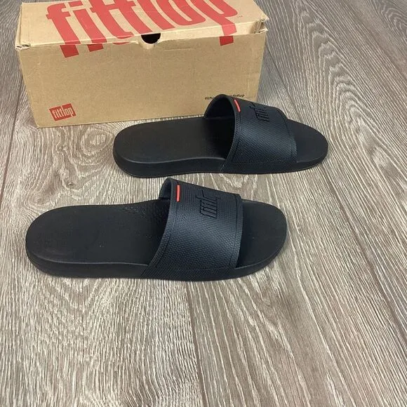 FitFlop Black iQushion Ergonomic Leather‎ Slide Mens Shoes, All Black NEW 11 43