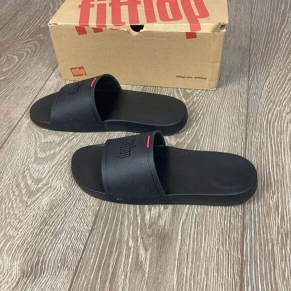 FitFlop Black iQushion Ergonomic Leather‎ Slide Mens Shoes, All Black NEW 11 43