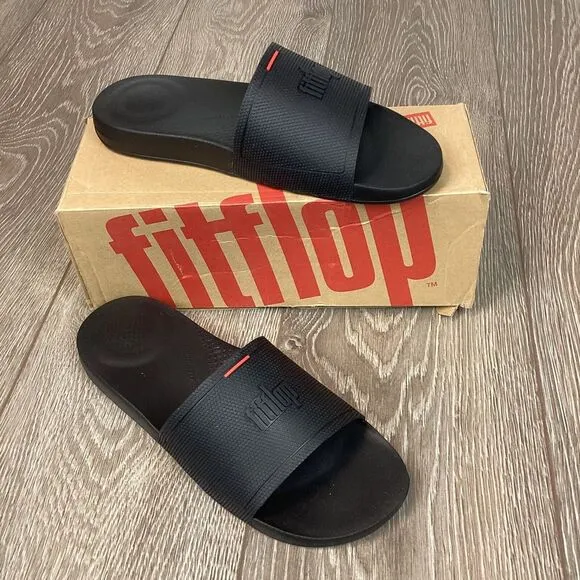 FitFlop Black iQushion Ergonomic Leather‎ Slide Mens Shoes, All Black NEW 11 43