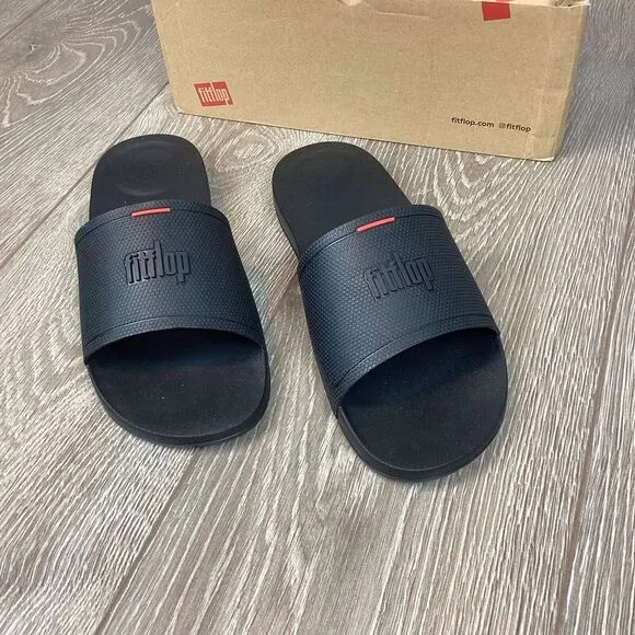 FitFlop Black iQushion Ergonomic Leather‎ Slide Mens Shoes, All Black NEW 11 43