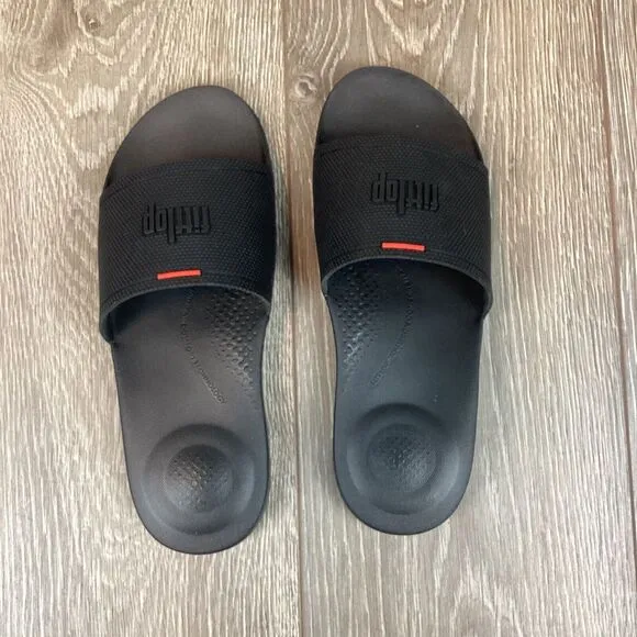 FitFlop Black iQushion Ergonomic Leather‎ Slide Mens Shoes, All Black NEW 11 43