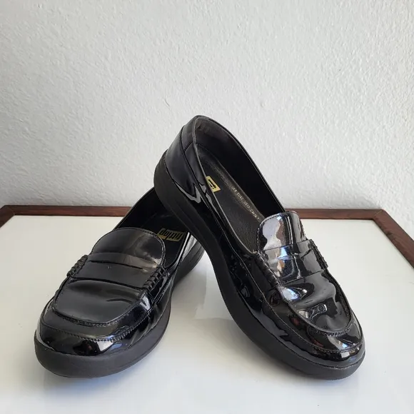 FitFlop Black Patent Leather Loafers.