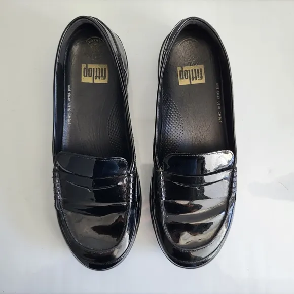 FitFlop Black Patent Leather Loafers.